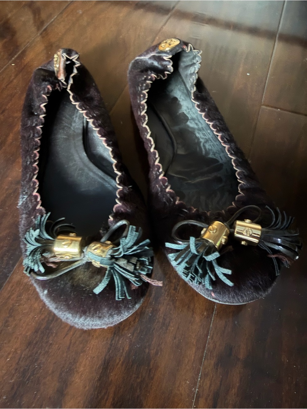 Tory Burch Velvet Tassel Ballet Flats in Dark Brown with Gold Accents